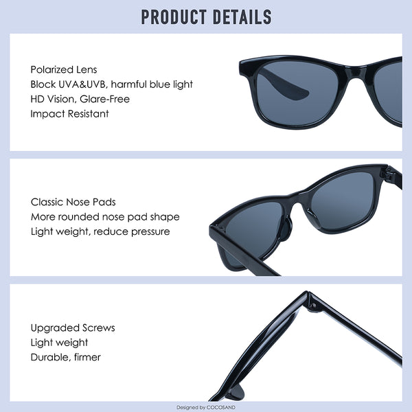 COCOSAND Classic Kids Sunglasses Square Frame UV 400 Protection, Age 4-10, Black