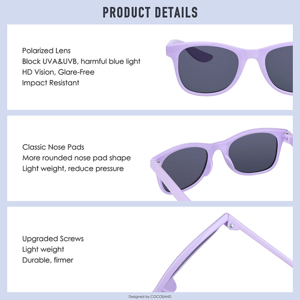 COCOSAND Classic Kids Sunglasses Square Frame UV 400 Protection, Age 4-10, Purple