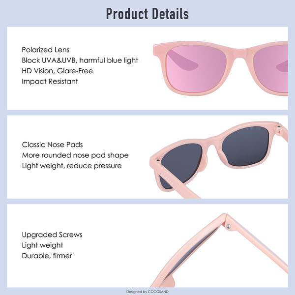 COCOSAND Classic Kids Sunglasses Square Frame UV 400 Protection, Age 4-10, Pink with Pink Lens