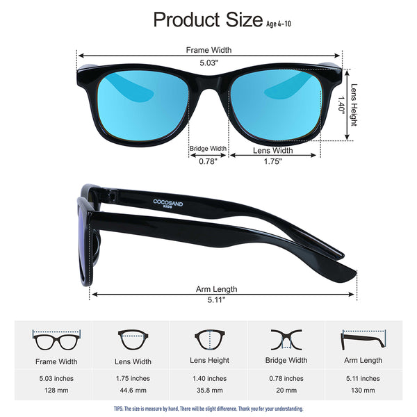 COCOSAND Classic Kids Sunglasses Square Frame UV 400 Protection, Age 4-10, Black with Blue Lens