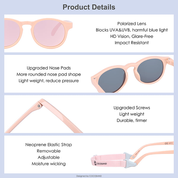 COCOSAND Toddler Sunglasses with Strap Polarized Flexible Retro Round for Little Kids Boys Girls Age 0-2, Pink